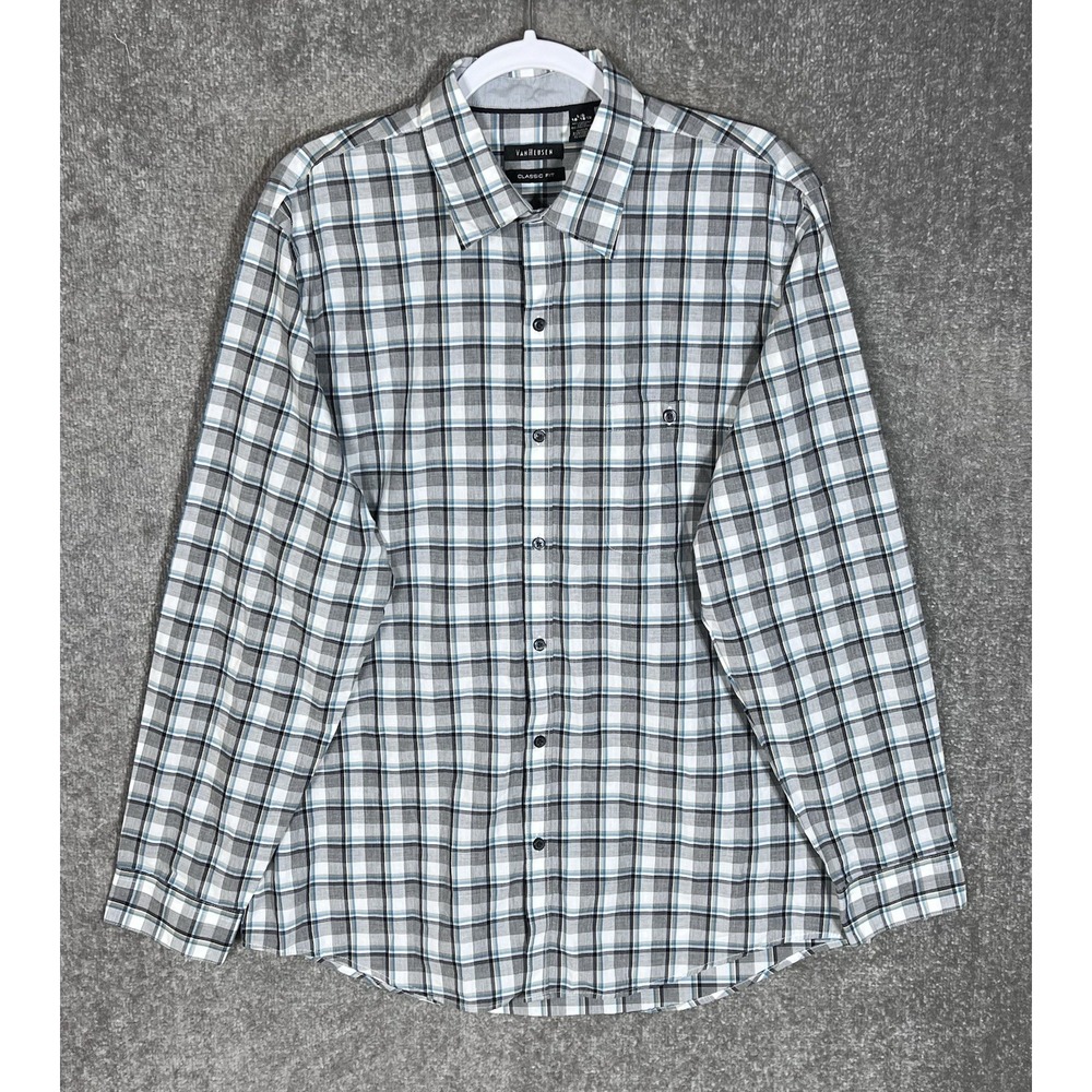 Van Heusen Classic Fit Button Up Shirt Mens Sz L 16-16.5 Gray Blue Plaid Pocket